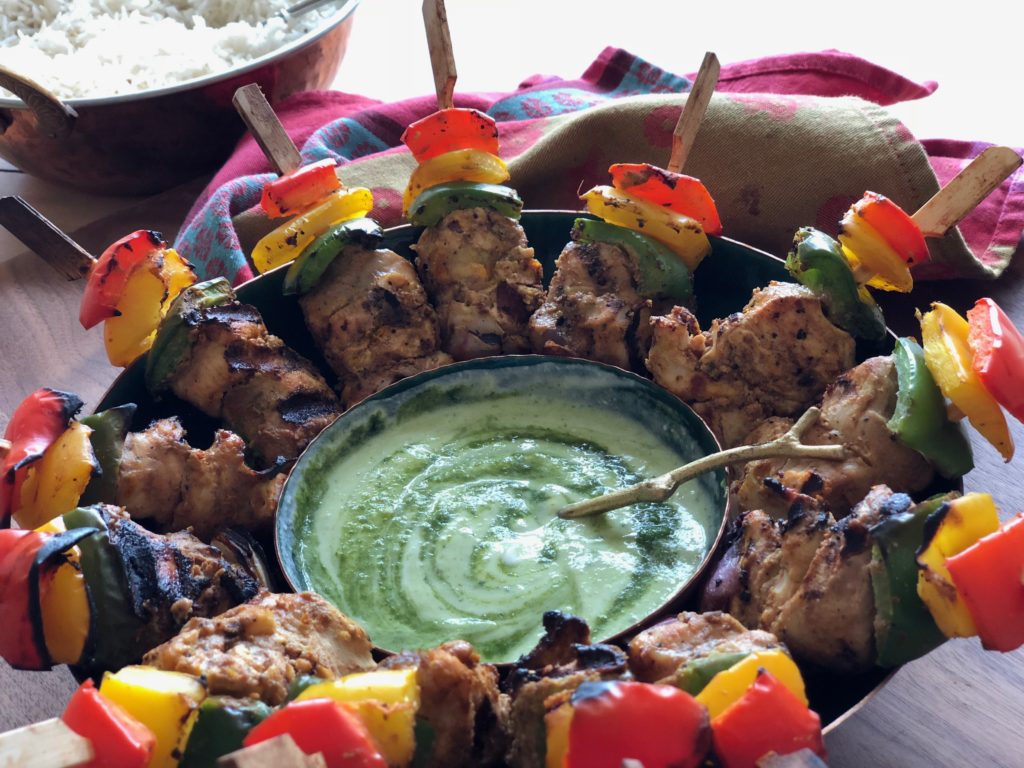 Butter Chicken kebabs with yogurt and apple mint chutney